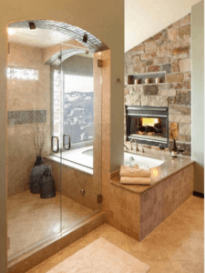 interior & design llc Master Bathroom with whirlpool & fireplace